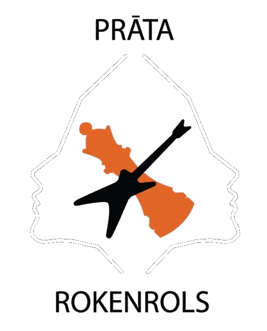 PRĀTA ROKENROLS logo — divas pretējos virzienos vērstas sejas, šaha figūra un ģitāra